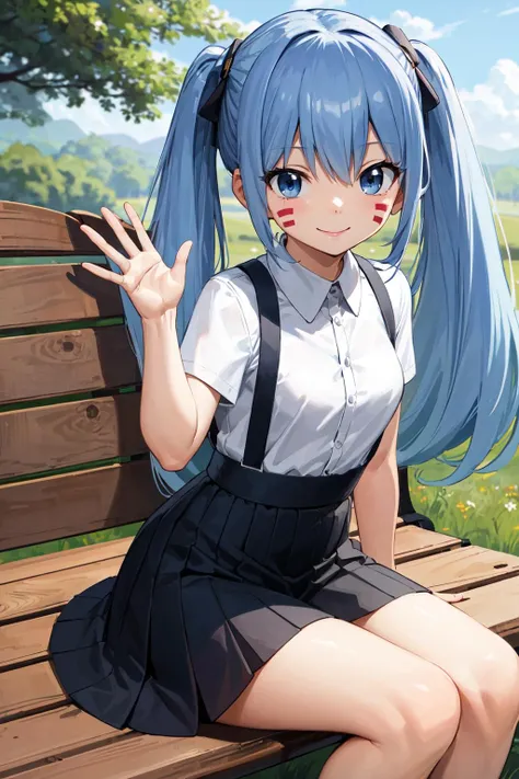2d, masterpiece, best quality, anime, highly detailed eyes, highly detailed face, studio background, highly detailed background, sitting, grass, knees up, 1girl, solo, blue shirt, black shorts, black ribbon, light blue hair, blue eyes, side ponytail, bangs, light smile <lora:hoshimachi suisei:0.7>