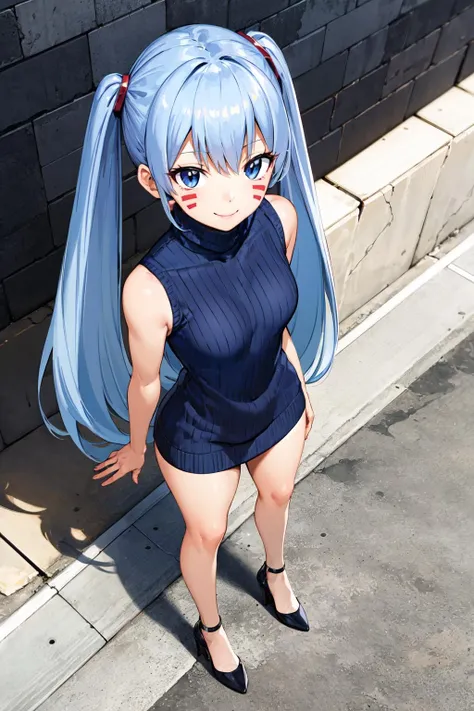 masterpiece, best quality, highres, aamio, blue hair, long hair, twintails, facial mark, small breasts <lora:hermit_mio_v1:0.7>, sweater dress, turtleneck, sleeveless, high heels, street, smile, standing, from above,