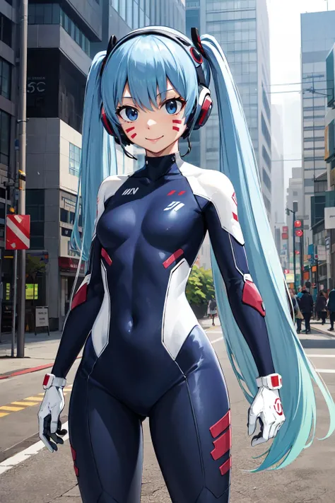 masterpiece, best quality, highres, aamio, long hair, twintails, facial mark, headphones, small breasts, white bodysuit, skin tight, gloves, <lora:hermit_mio_v1:0.7>, standing, cowboy shot, street, cyberpunk, smile,