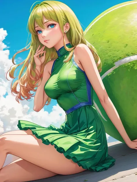 anime artwork woman wearing a tennis dress sitting on top of a giant tennis ball <lora:xl_tennis_dress-1.0:0.8> . anime style, key visual, vibrant, studio anime, highly detailed