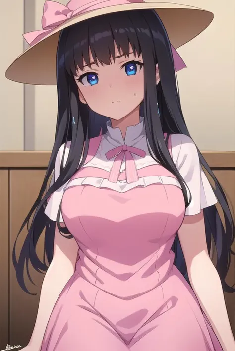 kisarahimeno, <lora:kisarahimeno-lora-nochekaiser:1>,
kisara himeno, long hair, black hair, blue eyes,
BREAK hat, dress, pink dress, ribbons, red ribbon, short sleeves,
BREAK looking at viewer,
BREAK indoors,
BREAK <lora:GoodHands-vanilla:1>, (masterpiece:1.2), best quality, high resolution, unity 8k wallpaper, (illustration:0.8), (beautiful detailed eyes:1.6), extremely detailed face, perfect lighting, extremely detailed CG, (perfect hands, perfect anatomy),