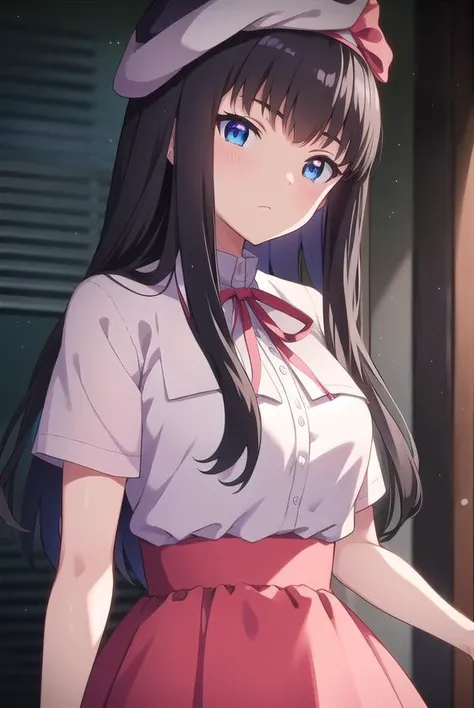 kisarahimeno, <lora:kisarahimeno-lora-nochekaiser:1>, 
kisara himeno, long hair, black hair, blue eyes,
BREAK hat, dress, pink dress, ribbons, red ribbon, short sleeves,
BREAK looking at viewer,
BREAK indoors,
BREAK <lora:GoodHands-vanilla:1>, (masterpiece:1.2), best quality, high resolution, unity 8k wallpaper, (illustration:0.8), (beautiful detailed eyes:1.6), extremely detailed face, perfect lighting, extremely detailed CG, (perfect hands, perfect anatomy),