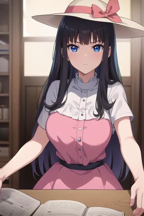 kisarahimeno, <lora:kisarahimeno-lora-nochekaiser:1>, 
kisara himeno, long hair, black hair, blue eyes,
BREAK hat, dress, pink dress, ribbons, red ribbon, short sleeves,
BREAK looking at viewer,
BREAK indoors,
BREAK <lora:GoodHands-vanilla:1>, (masterpiece:1.2), best quality, high resolution, unity 8k wallpaper, (illustration:0.8), (beautiful detailed eyes:1.6), extremely detailed face, perfect lighting, extremely detailed CG, (perfect hands, perfect anatomy),