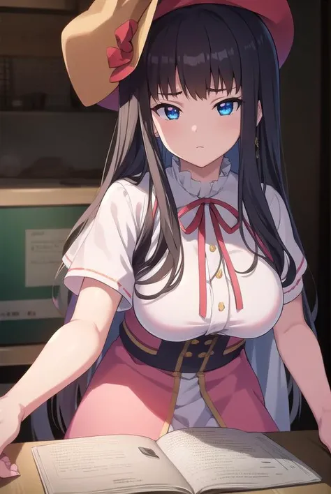 kisarahimeno, <lora:kisarahimeno-lora-nochekaiser:1>,
kisara himeno, long hair, black hair, blue eyes,
BREAK hat, dress, pink dress, ribbons, red ribbon, short sleeves,
BREAK looking at viewer,
BREAK indoors,
BREAK <lora:GoodHands-vanilla:1>, (masterpiece:1.2), best quality, high resolution, unity 8k wallpaper, (illustration:0.8), (beautiful detailed eyes:1.6), extremely detailed face, perfect lighting, extremely detailed CG, (perfect hands, perfect anatomy),