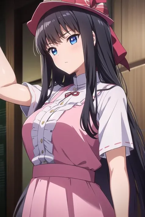 kisarahimeno, <lora:kisarahimeno-lora-nochekaiser:1>, 
kisara himeno, long hair, black hair, blue eyes,
BREAK hat, dress, pink dress, ribbons, red ribbon, short sleeves,
BREAK looking at viewer,
BREAK indoors,
BREAK <lora:GoodHands-vanilla:1>, (masterpiece:1.2), best quality, high resolution, unity 8k wallpaper, (illustration:0.8), (beautiful detailed eyes:1.6), extremely detailed face, perfect lighting, extremely detailed CG, (perfect hands, perfect anatomy),