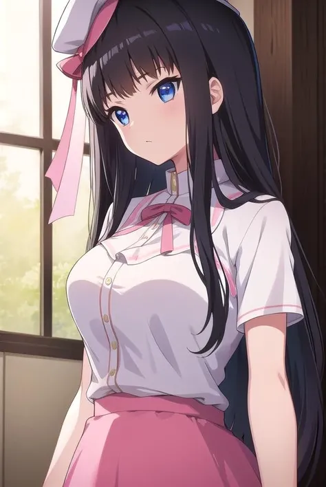 kisarahimeno, <lora:kisarahimeno-lora-nochekaiser:1>,
kisara himeno, long hair, black hair, blue eyes,
BREAK hat, dress, pink dress, ribbons, red ribbon, short sleeves,
BREAK looking at viewer,
BREAK indoors,
BREAK <lora:GoodHands-vanilla:1>, (masterpiece:1.2), best quality, high resolution, unity 8k wallpaper, (illustration:0.8), (beautiful detailed eyes:1.6), extremely detailed face, perfect lighting, extremely detailed CG, (perfect hands, perfect anatomy),