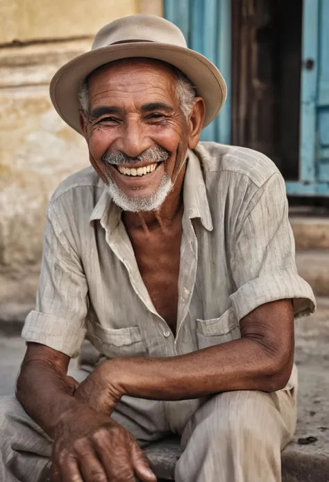 Smiling Lord, smoking old pipe,Smoke coming out, with old and antique straw hat.little beard,sunburned brown skin, sitting in front of his clay house, white candle at your foot and a sprig of rue in your ear.. sitting down on chair, darker skin color. Plain white linen shirt half open 