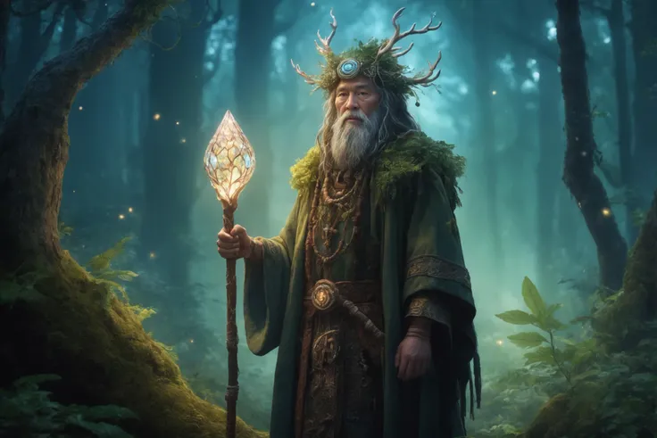 long shot of an enigmatic forest shaman, a wooden staff adorned with magical crystals, standing [beside an ancient oak|in a glowing circle of runes], woodland creatures . (otherworldly presence:1.2), soft twilight, Studio Ghibli inspiration, character concept, lush foliage, fantasy realism