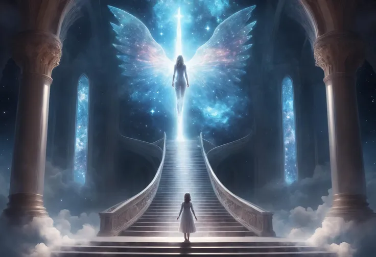 concept art girl standing at the first step of stairway to heaven, divine, grand hall of mystical church, interstellar transparent glass statue of a supreme being made of nebula and galaxies, stairways on the right . digital artwork, illustrative, painterly, matte painting, highly detailed