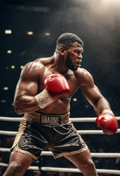 A photograph of a heavyweight boxing champ, fighting a boxing match, he is about to be knocked out by a very heavy punch, filled arena, camera flashes, dramatic action shot, sweaty and gritty, massive impact, cinematic quality, sports photography, 4K, HDR, masterpiece, award winning, kodachrome