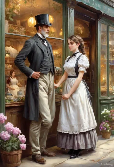 Full body view,A warm spring day, a beautiful pretty buxom young Victorian maid in a white apron looks at the displays in a shop window while a mature gentleman stealthily stalks her from behind, sunny, romantic painting, Magali Villeneuve and Monet, Victorian fantasy art, by Cynthia Sheppard, romantic art, art by Edouard Bisson, romantic painting, romance novel cover, Magali Villeneuve', elegant digital painting, romantic painting, by Mark Arian, romantic art style, inspired by Cynthia Sheppard and Charles Dana Gibson