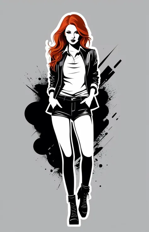 redhead girl, amazing body, casual pose, dressed, (((lineart))),((low detail)),(simple),high contrast,sharp,2 bit,(((centered vector graphic logo))),negative space,stencil,trending on dribbble