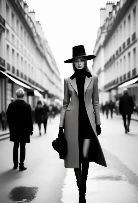 model, high fashion, tall hat, black shoes, walking down a paris street, greyscale