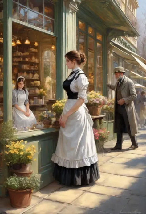 Full body view,A warm spring day, a beautiful pretty buxom young Victorian maid in a white apron looks at the displays in a shop window while a mature gentleman stealthily stalks her from behind, sunny, romantic painting, Magali Villeneuve and Monet, Victorian fantasy art, by Cynthia Sheppard, romantic art, art by Edouard Bisson, romantic painting, romance novel cover, Magali Villeneuve', elegant digital painting, romantic painting, by Mark Arian, romantic art style, inspired by Cynthia Sheppard and Charles Dana Gibson