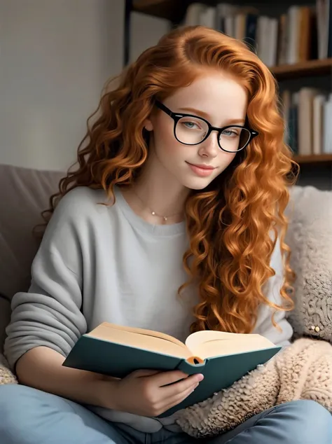Cozy day at home reading a book, girl, , 8k, light sparkling grey eyes, shining skin, jewelry, long curly ginger hair, glasses