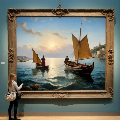 Hyperrealistic art professional photo of a ((single ancient oil painting, ancient painting with paint crackles, hanging on a wall in an modern museum:1.6)) in a neutral room, with Amidst the untamed wilderness of an ancient coastal village in italy, a seasoned female fishergirl named Kaelja casts her net into the teeming waters. Right now, as the sun begins its ascent over the horizon, Kaelja maneuvers her sturdy boat with practiced precision. Her weathered hands expertly handle the rigging, setting the course for a day of sustenance and survival. Seagulls accompany her in the middle of the ocean., <lora:add-detail-xl:0.29>, <lora:xl_more_art-full_v1:0.5>, <lora:epi_noiseoffset2:-0.48>, visitors of the museum standing aside the pittoresque piece of art, admiring the beautiful artwork. Wide shot taken with a Nikon D850 and Nikon AF-S NIKKOR 105mm f/1.4E ED lens., (((an ancient oil painting, hanging in a museum in stockholm, visitors standing in front of the painting:1.4)), <lora:greg_rutkowski_xl_2:0.76> (beautiful art by greg rutkowski, detailed oil painting, painture crackles:1.2) . Extremely high-resolution details, photographic, realism pushed to extreme, fine texture, incredibly lifelike