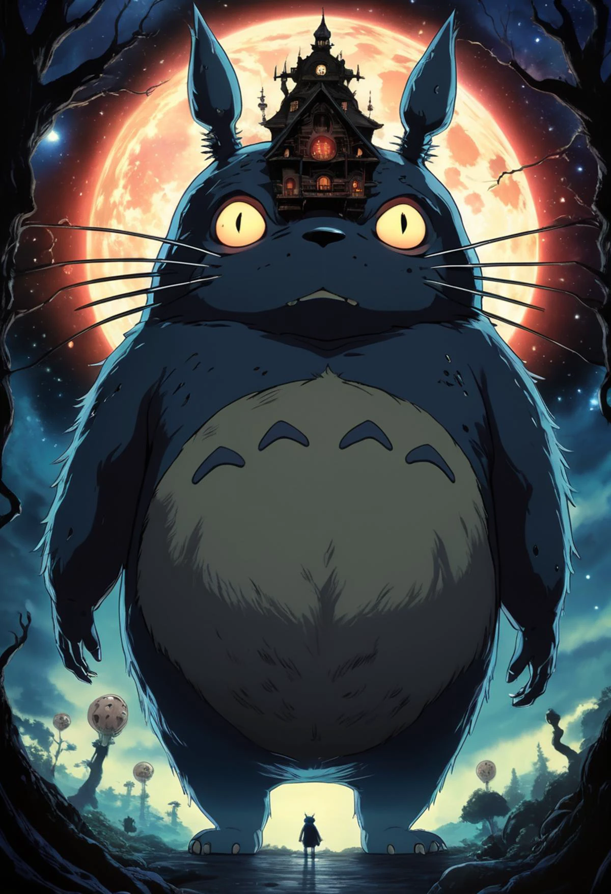 An anime art style illustration of Ghibli's Totoro as a Lovecraftian Cosmic horror, masterpiece, award winning, imaginative, disturbingly beautiful, sinister and morbid, traces of psychopathy are reflected in his eyes, 8k, HDR