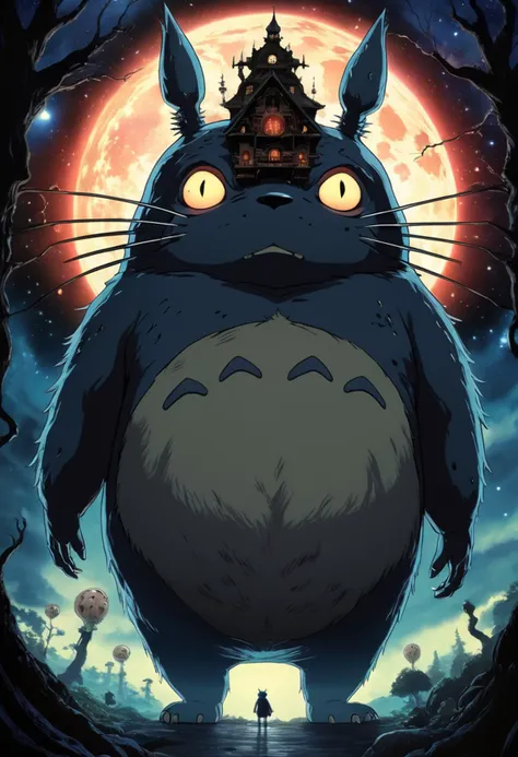 An anime art style illustration of Ghibli's Totoro as a Lovecraftian Cosmic horror, masterpiece, award winning, imaginative, disturbingly beautiful, sinister and morbid, traces of psychopathy are reflected in his eyes, 8k, HDR