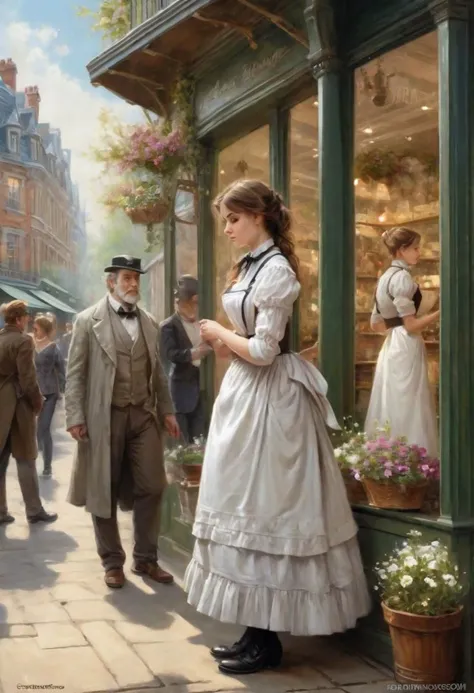 Full body view,A warm spring day, a beautiful pretty buxom young Victorian maid in a white apron looks at the displays in a shop window while a mature gentleman stealthily stalks her from behind, sunny, romantic painting, Magali Villeneuve and Monet, Victorian fantasy art, by Cynthia Sheppard, romantic art, art by Edouard Bisson, romantic painting, romance novel cover, Magali Villeneuve', elegant digital painting, romantic painting, by Mark Arian, romantic art style, inspired by Cynthia Sheppard and Charles Dana Gibson