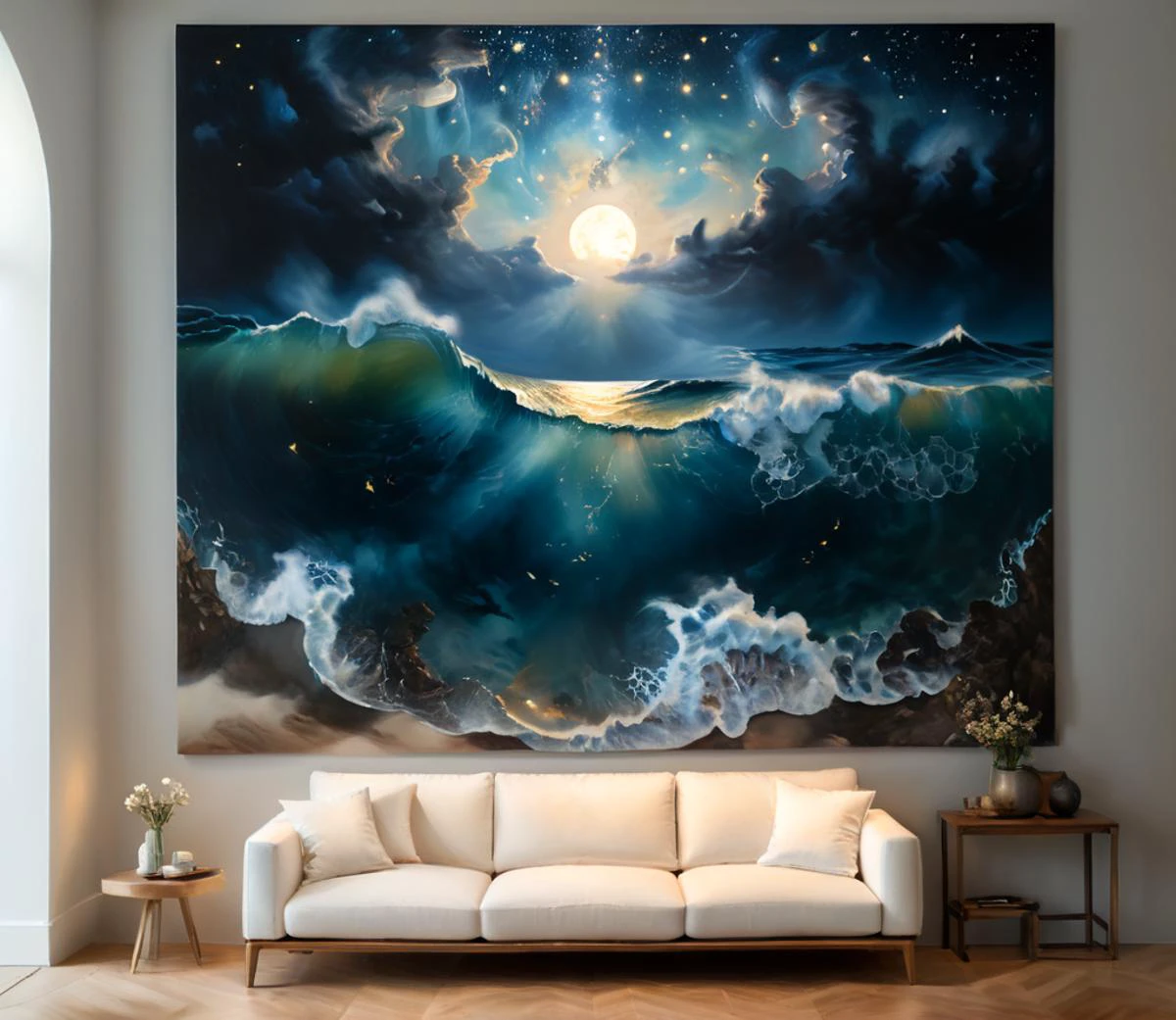 Hyperrealistic art (professional photo of a artistique painting showing a painting:1.4) with When the luminous stars emerge in the dark sea of ether and in mysterious breaths the world is enveloped in a twilight pall the spirit floats away to waking dreams into the great sacred realm of the night exhilarated by immeasurable spaces of deep fantasy power. In the soft magic of such nights creation seems to unfold and darkly we sense the powers that rule over our lives., <lora:lcm_lora_sd_XLa:1>, <lora:xl_more_art-full_v1:1.21>, masterpiece, best quality, CG, wallpaper, HDR, high quality, high-definition, extremely detailed, <lora:add-detail-xl:0.6>, <lora:offset_0.2:0.53> contrast, <lora:XL_aesthetic:0.83>,, (hanging on a wall in an modern museum in a neutral room:1.2), ((visitors of the museum standing aside the pittoresque piece of art, admiring the beautiful artwork:1)). (Wide shot taken with a Nikon D850 and Nikon AF-S NIKKOR 105mm f/1.4E ED lens), (<lora:offset_0.2:-0.53>, <lora:bokeh:0.42> bokeh) . Extremely high-resolution details, photographic, realism pushed to extreme, fine texture, incredibly lifelike<lora:LCM_pytorch_lora_weights(1):1.0>