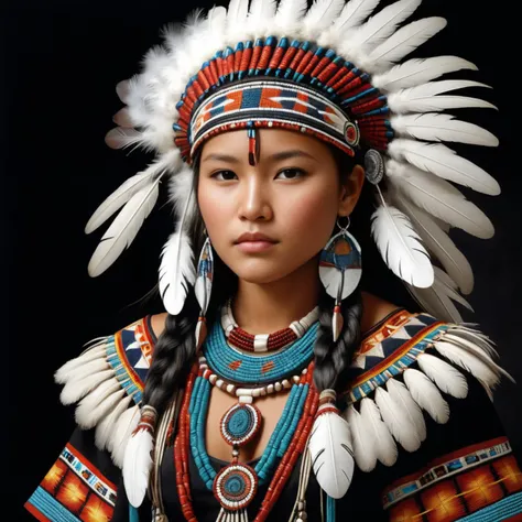 Hyperrealistic art 1girl, The nomads are artisans of the earth, crafting tools, clothing, and ceremonial items from natural materials. Intricate beadwork adorns moccasins and garments, each pattern a reflection of individual and tribal identity. Feathers, woven into elaborate headdresses and ceremonial regalia, symbolize spiritual connections and acts of bravery., <lora:add-detail-xl:0.29>, <lora:xl_more_art-full_v1:0.5> . Extremely high-resolution details, photographic, realism pushed to extreme, fine texture, incredibly lifelike