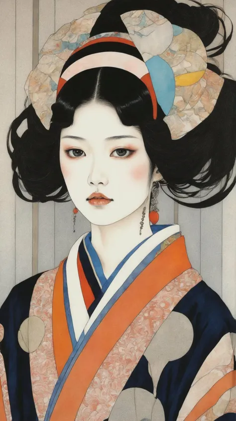 (woman) in Tokyo in the 80s, pastel, tin contour, watercolor, flat, paint strokes, colorful patterns, by yoshitaka amano, by Takato Yamamoto