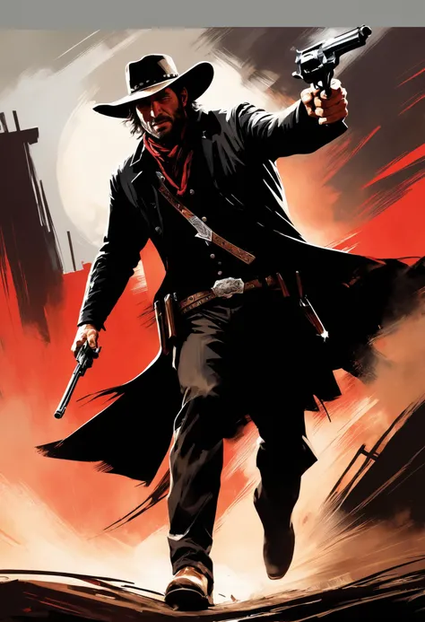 Intricate dynamic action shot of cowboy in a shootout, cinematic Steve Henderson Fabian Perez Henry Asencio Jeremy Mann Marc Simonetti Fantasy, red dead redemption 2 atmosphere, cinematic,