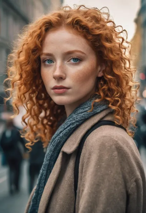 A photograph of a young German woman, curly ginger hair, stunning oceanic eyes, she is like a poem in the flesh, dreamy imagery, wearing fashionable clothes, walking down a busy city street in Berlin, detailed skin, 4K, HDR, masterpiece, award winning, kodachrome