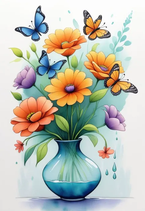 Line drawing, (Pixar style:1.8), Large Print Flowers, simple background, with butterflies fluttering nearby, (water colors:1.6) Change this vase and Flowers