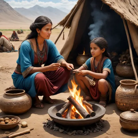 Hyperrealistic art 1girl, In the nomadic expanses, Yara, a mother and caregiver, tends to the needs of her family. Right now, she gathers around a communal fire, offering warmth and nourishment to her loved ones. Yara's heroism is found in the everyday acts of care and nurturing, ensuring the strength and unity of her family amidst the challenges of ancient nomadic life., <lora:add-detail-xl:0.29>, <lora:xl_more_art-full_v1:0.5> . Extremely high-resolution details, photographic, realism pushed to extreme, fine texture, incredibly lifelike