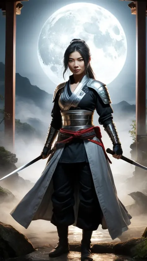 Hyperrealistic art <lora:add-detail-xl:0.89>, (((fullbody view:1.6))),, <lora:xl_more_art-full_v1:1.21>, masterpiece, best quality, CG, wallpaper, HDR, high quality, high-definition, extremely detailed, <lora:add-detail-xl:0.6>, <lora:offset_0.2:-0.53> smooth contrast,  <lora:XL_aesthetic:0.83>, ((((Amidst the cloak of night in feudal Japan: 1.2), Ayame (a cunning female ninja concealed in the shadows, her weapons poised for a deadly strike, [undertakes a covert mission of assassination], her proficiency in the arts of deception and subterfuge unparalleled: 1.4). ((Veiled by the darkness, she moves like a phantom through the moonlit landscape, [[her every step calculated to avoid detection as she closes in on her mark]]: 1.2)). (The night is her ally, its silent embrace masking her movements, [[while the distant sound of a rustling breeze serves as a cover for her silent approach]]: 1.2).:1.2))), (award-winning Movie Poster:1.2), (Movie-Poster-style, illustration of  Prompt:1.4), (the text on the poster should be bold, 3D shaped and attention-grabbing:1.2), with the title of the Film, as a catchy headline, (crisp letters, sharp lined letters:1.4), ((centered large Bold typography text overlays the image, announcing the film:1.4)) with this catching scene. The Poster design captivates the viewer with its sense of adventure, inspiration, and awe-inspiring beauty, earning accolades for its creativity and visual impact, the Cinematic Poster has earned accolades for its creativity and visual impact. This highlights the quality and success of the design, indicating that it has been recognized and celebrated within the cinematic industry, <lora:CineStyle5:0.17> 111cine8matic55,, Step into the world of ancient craftsmanship, where (suits of armor tailored for female warriors are adorned with a brilliance [that transcends mere protection]).( [As the sunlight cascades upon the reflective surfaces of the armor], beams of light dance and play, casting a dazzling display that [momentarily] blinds [the onlookers. In this] radiant illumination, the transcendent (illuminated beauty of femininity [[is revealed with breathtaking clarity]]), as if each glimmering facet of the armor embodies an epiphany of strength and grace:1.4). These suits of armor become more than mere garments; they become symbols of empowerment and resilience, evoking a sense of reverence and admiration for the valor they represent. (The blinding brilliance of the light, the intricate details of these suits continue to captivate, [[drawing observers closer to appreciate the craftsmanship and history woven into each piece]]:1.2)., Serene Moonlit Silhouette: Serene moonlit silhouette bathes the scene in a (tranquil and ethereal atmosphere: 1.2), using (gentle, silver-toned light to cast delicate shadows and highlights:1.4). The soft glow of moonlight lends an air of tranquility and mystery, while subtle variations in intensity create a (sense of depth and serenity:1.2). This lighting invites viewers to lose themselves in the (quiet beauty of the night:1.2), where every silhouette tells a story and the world seems to hold its breath in anticipation of what comes next. . Extremely high-resolution details, photographic, realism pushed to extreme, fine texture, incredibly lifelike