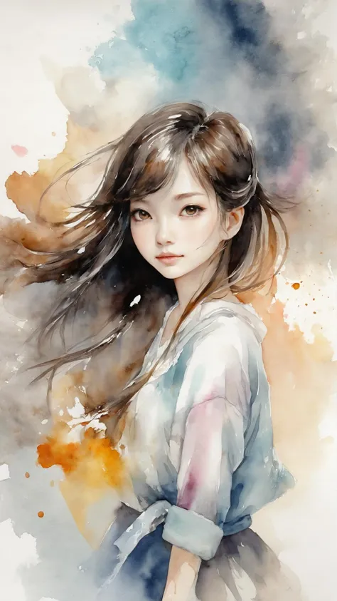 absurdres, highres, ultra detailed, (1girl:1.3), kawaii BREAK expressive brush strokes, ink wash, gradation, poetic atmosphere, delicate balance, fluid motion