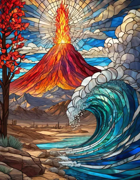 Stained glass style, Vibrant, beautiful, translucent, intricate, detailed BREAK
volcano, fire BREAK
clouds, tornado, cyclone, whirlwind BREAK
rocky mountains on the desert BREAK
tsunami waves on the ocean