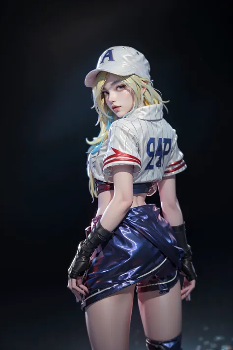 <lora:astrid_home_runner:0.8>, <lora:kda_v3:0.4>, astrid_home_runner, 1girl, solo, beautiful, blonde hair, gradient hair color, blue hair, black eyes, pretty, lips, eyelashes, eyeliner, hat, cap, wearing a hat, white hat, medical plaster nose, lining shirt, inner shirt, turtleneck shirt, red inner shirt, outer shirt, white outer shirt, baseball shirt, breasts, large breasts, cropped waist, navel, showing waist, wrist wraps, hand wraps, gloves, black gloves , coach tied at the waist, pants, shorts, white pants, thighs, showing thighs, white thighs, shin guards, socks, long socks, black socks, shoes, sports shoes, outdoor, city, buildings, built, within the city, road, sky, daytime, back view