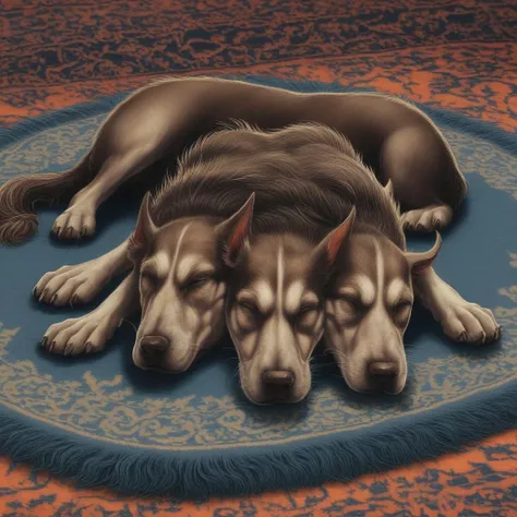 cerberus laying down on a rug