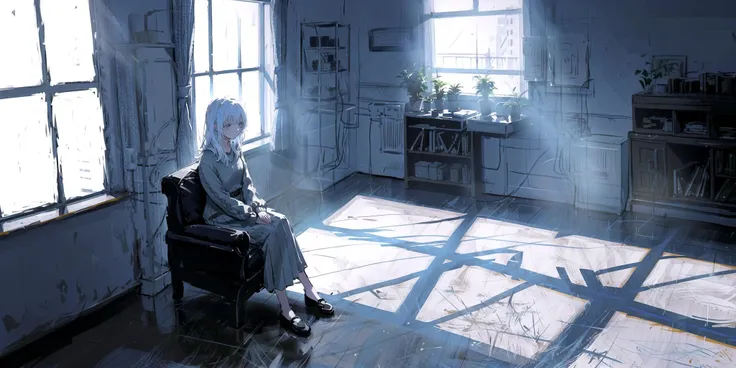 full body, 1girl, sitting, white hair, colored eyelashes, room, morning glory, ribbed sweater,