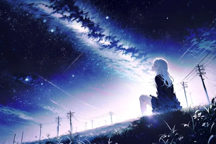 full body, 1girl, sitting, white hair, colored eyelashes, starry sky,