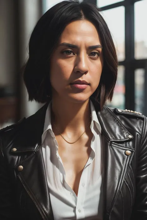 portrait photo of francescaFior1,(black jacket and white shirt), (brown hair), alluring portrait, intricate, highly detailed, digital painting, artstation, concept art, naughty, sharp focus, cinematic lighting, illustration, art by artgerm and greg rutkowski, alphonse mucha, cgsociety