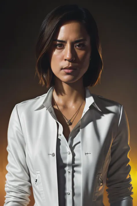 portrait photo of francescaFior1,(black jacket and white shirt), (brown hair), alluring portrait, intricate, highly detailed, digital painting, artstation, concept art, naughty, sharp focus, cinematic lighting, illustration, art by artgerm and greg rutkowski, alphonse mucha, cgsociety