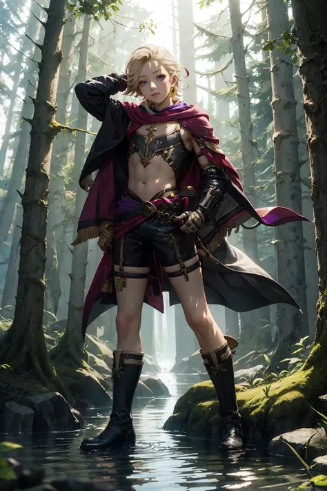 masterpiece, best quality, highly detailed, illustration, , , 1boy, <lora:Lyney:1>, lyney, blonde hair, , , purple eyes, detailed eyes, petite, young, flat chest, midriff, , boots, , , , , looking at viewer, full body, , forest, water,