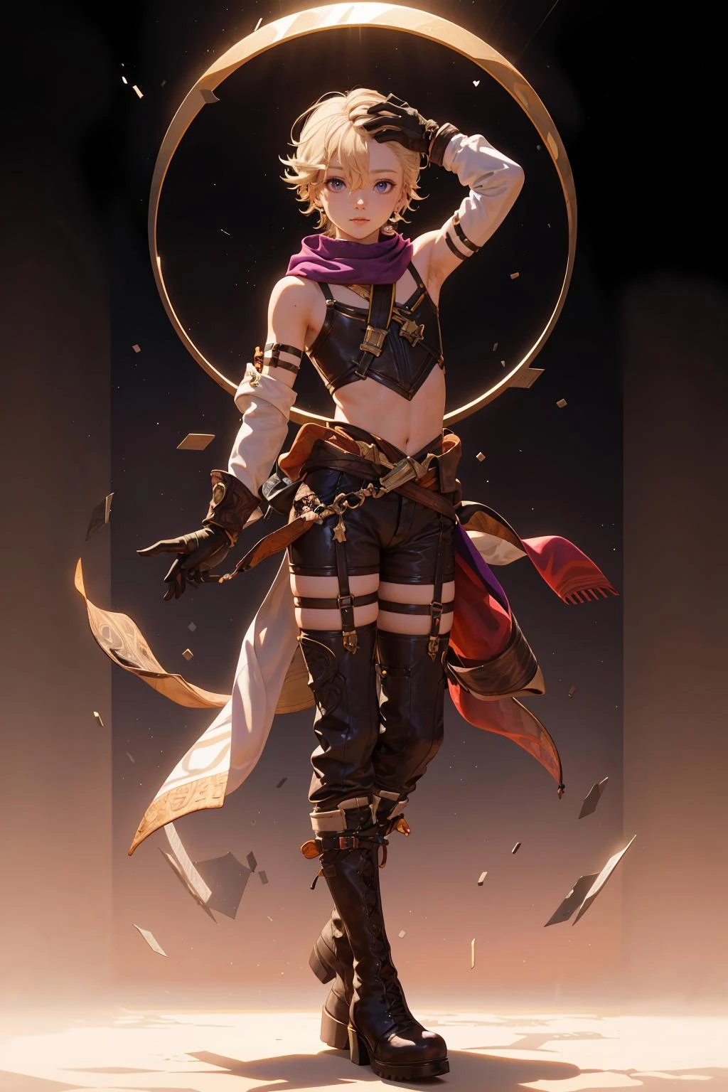 masterpiece, best quality, highly detailed, illustration, , , 1boy, <lora:Lyney:1>, lyney, blonde hair, short hair, , purple eyes, detailed eyes, petite, young, flat chest, crop top, , boots, black gloves, , , hand behind head, looking at viewer, full body, , ,
