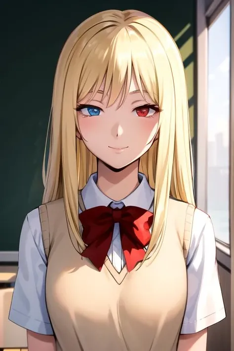 masterpiece, best quality, highres, 1girl, solo, kanzakiurumi, school_uniform, blonde hair, smile, looking_at_viewer, red_bow, classroom, heterochromia, blue eyes, brown eyes, <lora:Kanzaki_Urumi:0.7>