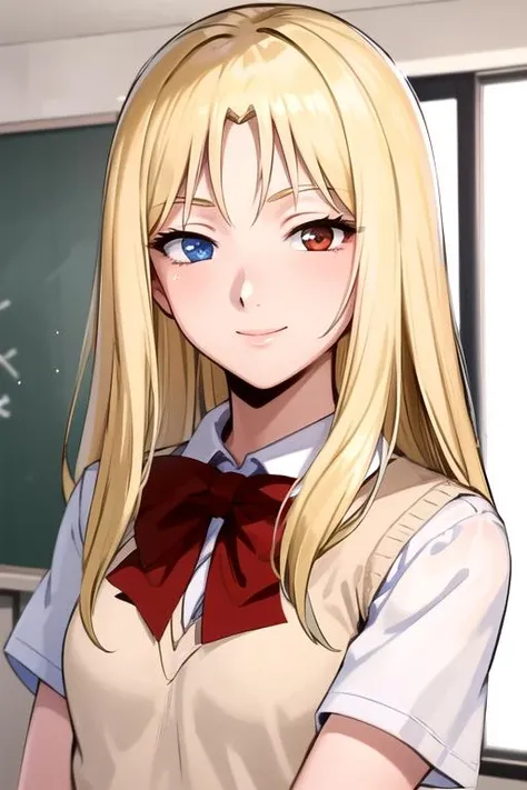 masterpiece, best quality, highres, 1girl, solo, kanzakiurumi, school_uniform, smile, looking_at_viewer, red_bow, classroom, heterochromia, blue eyes, brown eyes, <lora:Kanzaki_Urumi:0.7>
