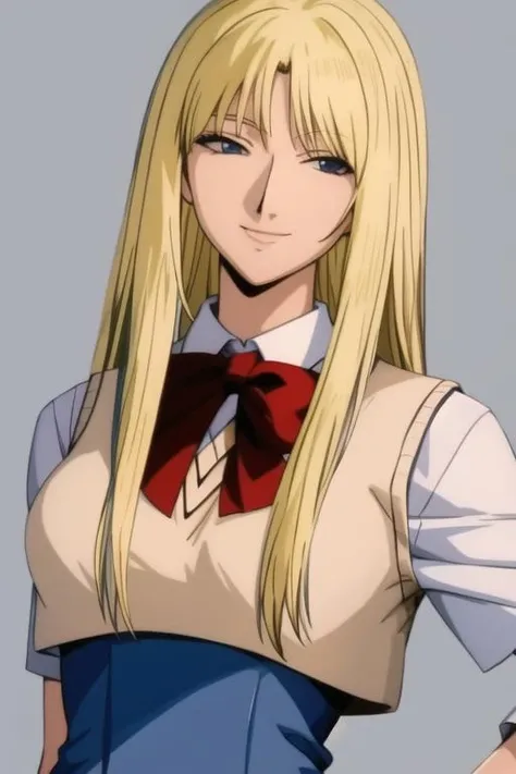 best quality, masterpiece,
1girl, solo, kanzakiurumi, mature female, medium breasts, slender body, blond,
school_uniform, happy smile, 
<lora:Kanzaki_Urumi:0.8>,
