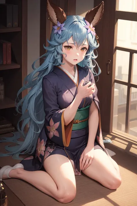 masterpiece, best quality, absurdres, perfect anatomy, 1girl, solo, Ferry, long hair, indoors, kimono, hair flower, floral print, wariza, sitting, hands on own knees
