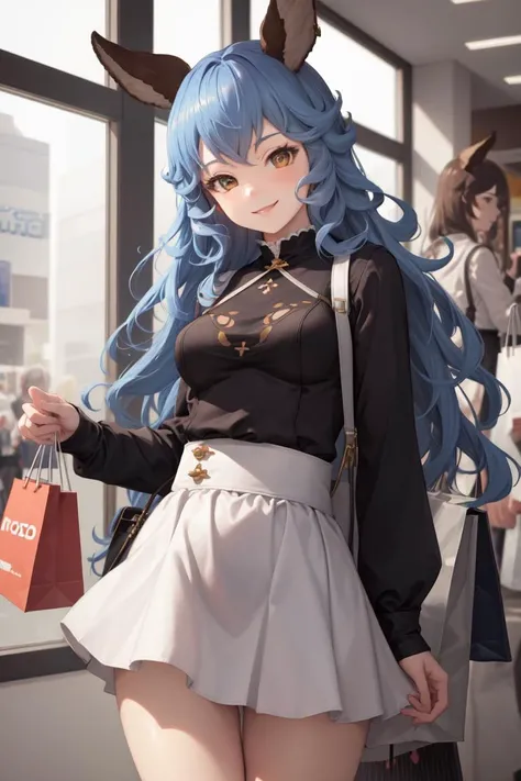 masterpiece, best quality, absurdres, perfect anatomy, 1girl, solo, Ferry, long hair, high-waist skirt, long skirt, white skirt, black shirt, long sleeves, smile, standing, indoors, shopping mall