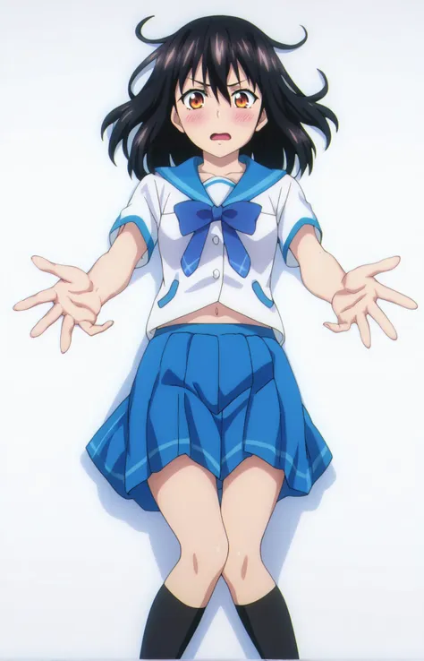 score_7_up, BREAK source_anime, HYukinaV4XL, 1girl, solo, embarassed, skirt, school uniform, pleated skirt, blue skirt, socks, looking at viewer, kneehighs, white shirt, collarbone, black socks, white background, navel, simple background, shirt, shiny skin, lying, short sleeves, blue bow, bow, open mouth, on back, miniskirt, outstretched arm, sailor collar, serafuku, blush, bowtie, blue bowtie, blue sailor collar, from above, anime screencap, <lora:HYukinaV4XL:1>