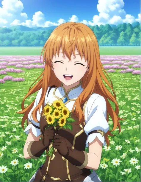 score_7_up, BREAK source_anime, beautiful composition, 1girl, solo, long hair, smile, open mouth, gloves, holding, upper body, closed eyes, flower, short sleeves, :d, outdoors, teeth, sky, day, cloud, armor, blue sky, upper teeth only, floating hair, pink flower, brown gloves, yellow flower, holding flower, field, flower field, anime screencap