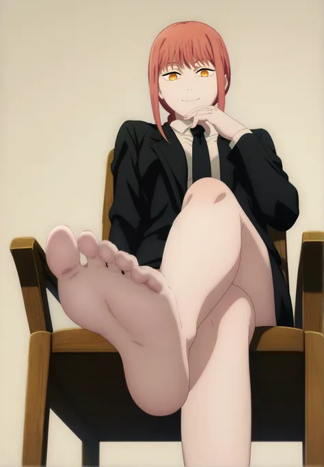 score_7_up, BREAK source_anime, Makima, makima (chainsaw man), 1girl, solo, looking at viewer, looking down, hand on own chin, slight smile, pink hair, braid, yellow eyes, medium breasts, black necktie, black suit, black pants, open clothes, black bra, barefoot, foot focus, simple background, white backgroud, sitting, chair, crossed legs, from below,  yandere trance, <lora:MakimaXLpony001:0.85>