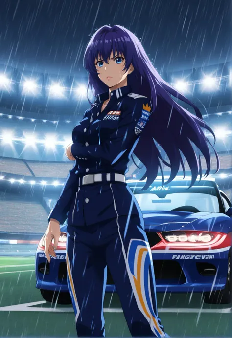 score_7_up, BREAK source_anime, 1girl, solo, racing queen, long hair, stadium, professional light, night, (rain, thunder), (racing car), car